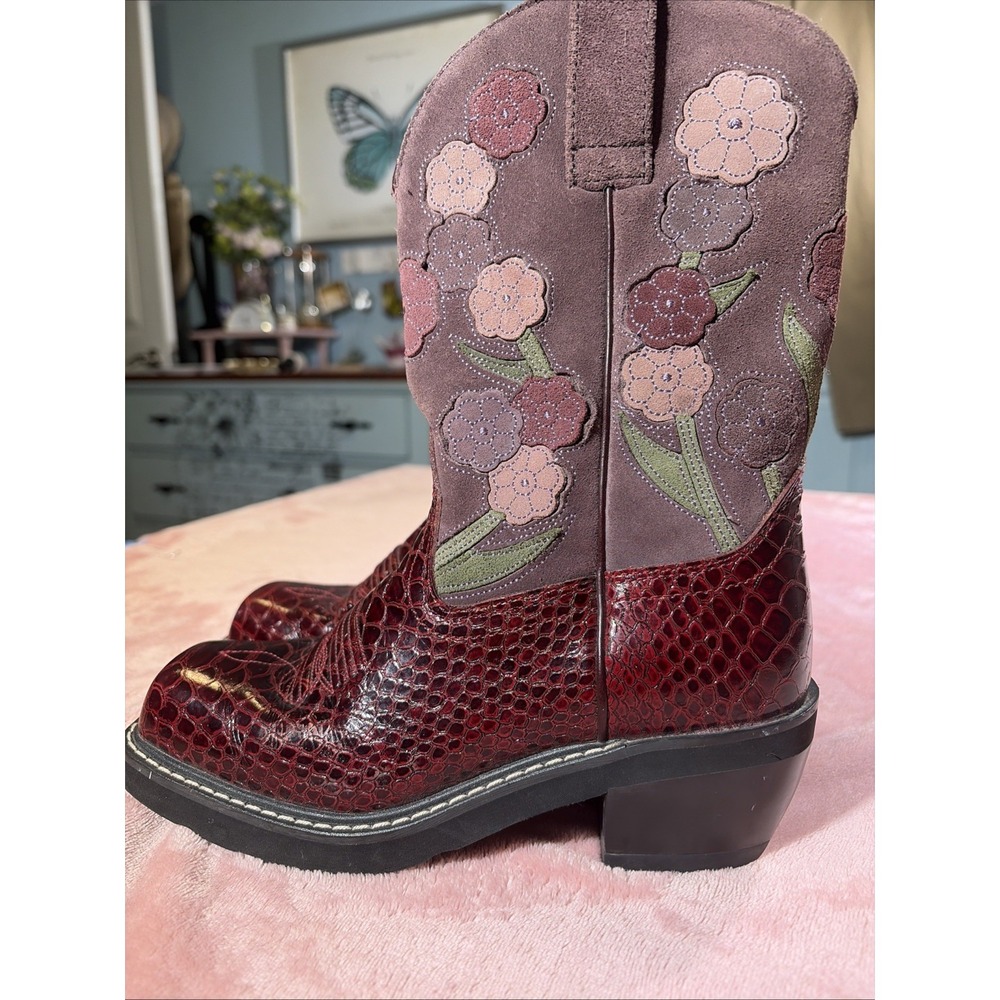 Ariat Baby Doll Maroon Snake Print Leather Floral Upper Square Toe Sz 6.5B